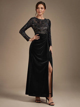 Plus Size Velvet Long Sleeve Round Neck Sheath Sequin Evening Dresses