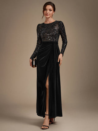 Plus Size Velvet Long Sleeve Round Neck Sheath Sequin Evening Dresses