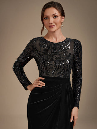 Plus Size Velvet Long Sleeve Round Neck Sheath Sequin Evening Dresses