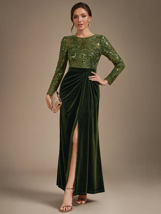 Plus Size Velvet Long Sleeve Round Neck Sheath Sequin Evening Dresses