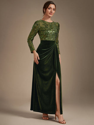 Plus Size Velvet Long Sleeve Round Neck Sheath Sequin Evening Dresses
