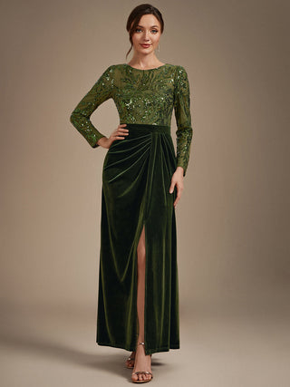 Plus Size Velvet Long Sleeve Round Neck Sheath Sequin Evening Dresses