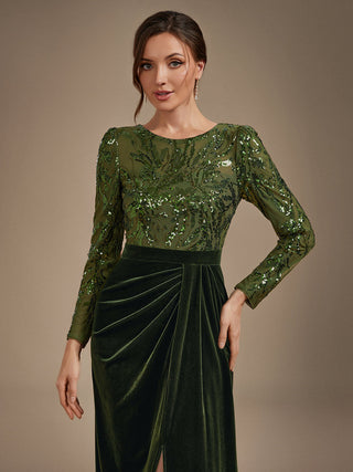 Plus Size Velvet Long Sleeve Round Neck Sheath Sequin Evening Dresses
