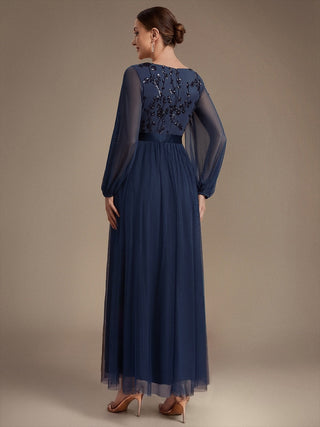 Plus Size Maxi Long Sleeve Sequin Tulle V-Neck A-Line Evening Dresses