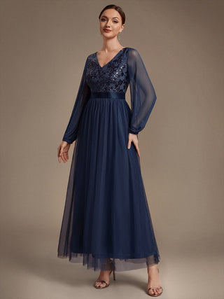 Plus Size Maxi Long Sleeve Sequin Tulle V-Neck A-Line Evening Dresses