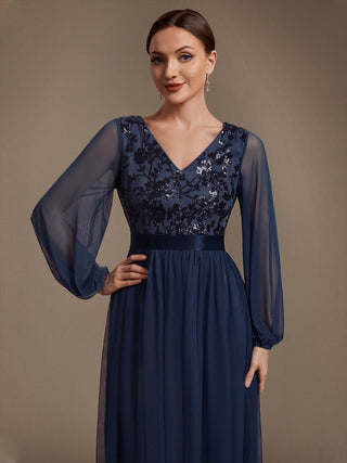 Plus Size Maxi Long Sleeve Sequin Tulle V-Neck A-Line Evening Dresses