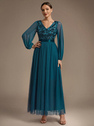 Plus Size Maxi Long Sleeve Sequin Tulle V-Neck A-Line Evening Dresses