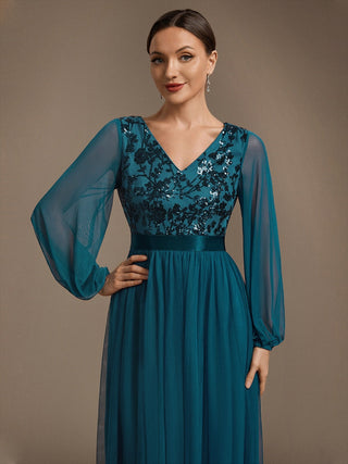 Plus Size Maxi Long Sleeve Sequin Tulle V-Neck A-Line Evening Dresses
