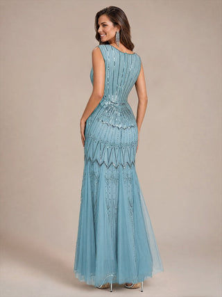 Beaded Sequin Tulle Sleeveless Maxi Evening Dress