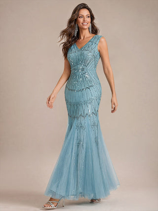 Beaded Sequin Tulle Sleeveless Maxi Evening Dress