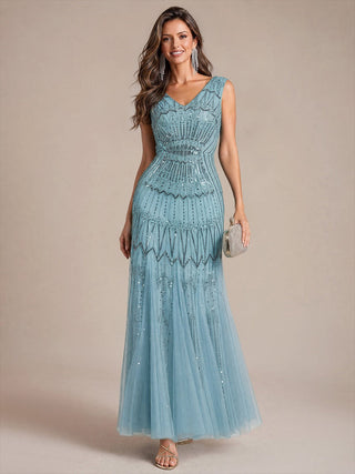 Beaded Sequin Tulle Sleeveless Maxi Evening Dress