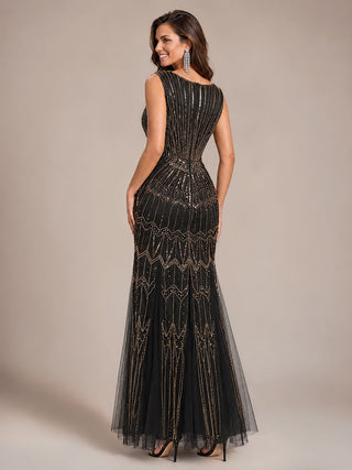 Beaded Sequin Tulle Sleeveless Maxi Evening Dress