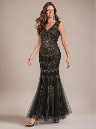 Beaded Sequin Tulle Sleeveless Maxi Evening Dress