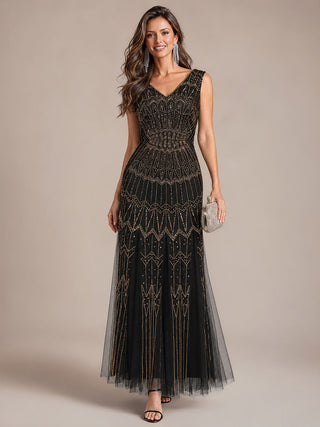 Beaded Sequin Tulle Sleeveless Maxi Evening Dress