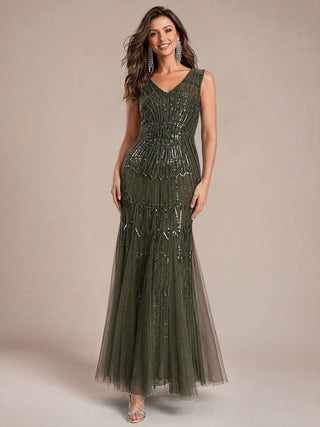 Beaded Sequin Tulle Sleeveless Maxi Evening Dress