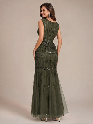 Beaded Sequin Tulle Sleeveless Maxi Evening Dress