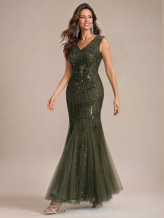 Beaded Sequin Tulle Sleeveless Maxi Evening Dress