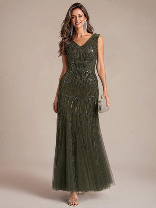Beaded Sequin Tulle Sleeveless Maxi Evening Dress