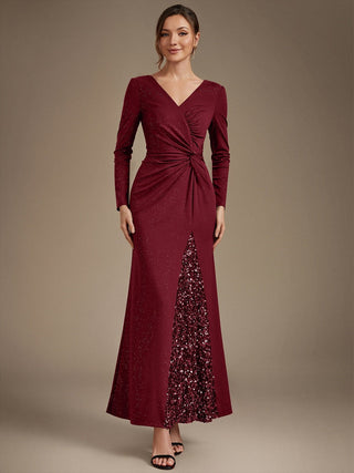 Plus Size Long Sleeve Jersey V-Neck Bodycon Sequined Evening Dresses