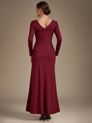 Plus Size Long Sleeve Jersey V-Neck Bodycon Sequined Evening Dresses