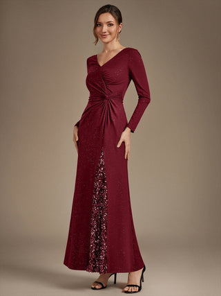 Plus Size Long Sleeve Jersey V-Neck Bodycon Sequined Evening Dresses