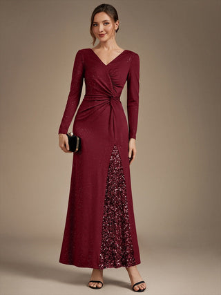 Plus Size Long Sleeve Jersey V-Neck Bodycon Sequined Evening Dresses
