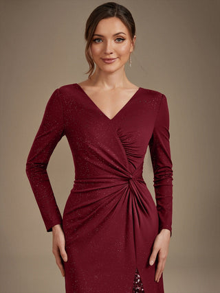 Plus Size Long Sleeve Jersey V-Neck Bodycon Sequined Evening Dresses