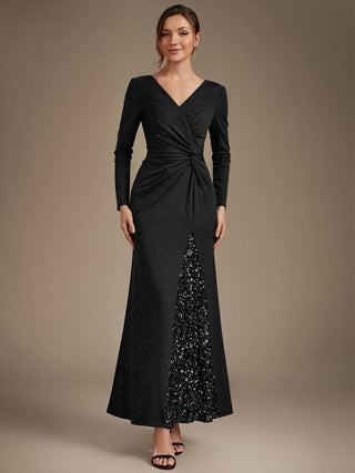 Plus Size Long Sleeve Jersey V-Neck Bodycon Sequined Evening Dresses