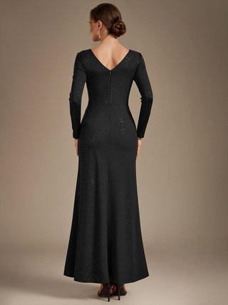 Plus Size Long Sleeve Jersey V-Neck Bodycon Sequined Evening Dresses