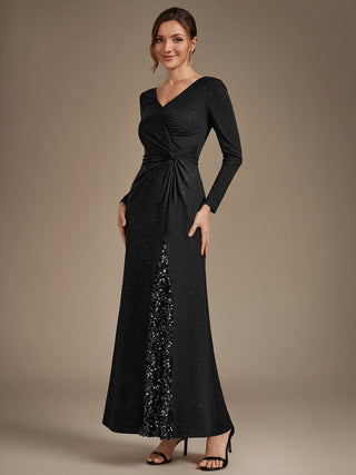 Plus Size Long Sleeve Jersey V-Neck Bodycon Sequined Evening Dresses