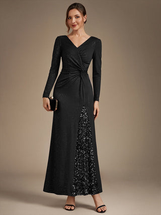Plus Size Long Sleeve Jersey V-Neck Bodycon Sequined Evening Dresses