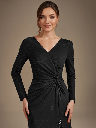 Plus Size Long Sleeve Jersey V-Neck Bodycon Sequined Evening Dresses