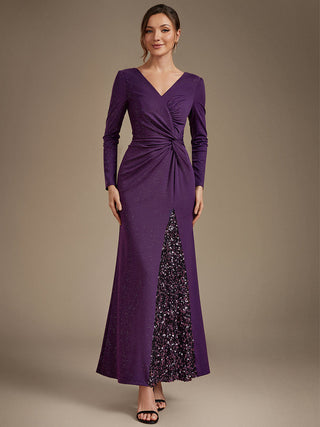 Plus Size Long Sleeve Jersey V-Neck Bodycon Sequined Evening Dresses
