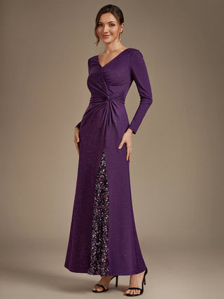 Plus Size Long Sleeve Jersey V-Neck Bodycon Sequined Evening Dresses