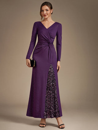 Plus Size Long Sleeve Jersey V-Neck Bodycon Sequined Evening Dresses