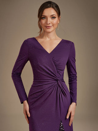 Plus Size Long Sleeve Jersey V-Neck Bodycon Sequined Evening Dresses