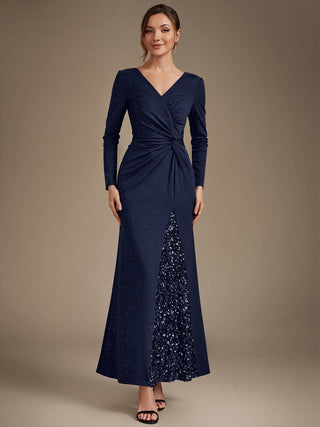 Plus Size Long Sleeve Jersey V-Neck Bodycon Sequined Evening Dresses
