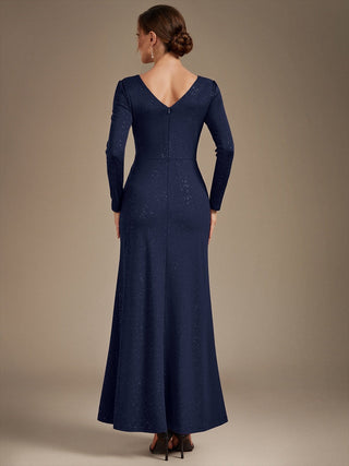 Plus Size Long Sleeve Jersey V-Neck Bodycon Sequined Evening Dresses