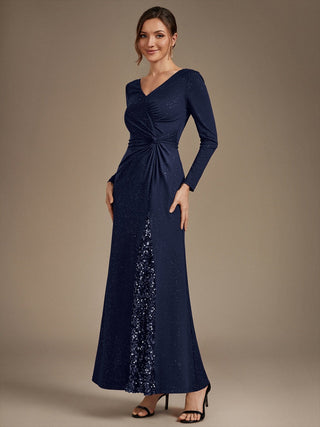 Plus Size Long Sleeve Jersey V-Neck Bodycon Sequined Evening Dresses