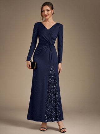 Plus Size Long Sleeve Jersey V-Neck Bodycon Sequined Evening Dresses