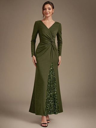 Plus Size Long Sleeve Jersey V-Neck Bodycon Sequined Evening Dresses