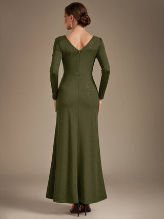 Plus Size Long Sleeve Jersey V-Neck Bodycon Sequined Evening Dresses
