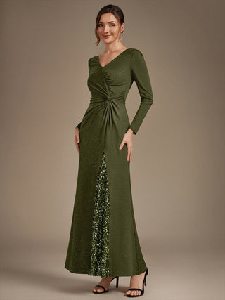 Plus Size Long Sleeve Jersey V-Neck Bodycon Sequined Evening Dresses