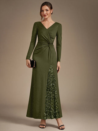 Plus Size Long Sleeve Jersey V-Neck Bodycon Sequined Evening Dresses