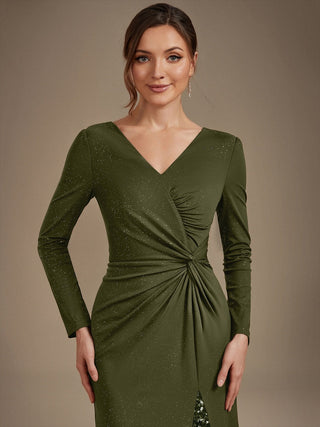 Plus Size Long Sleeve Jersey V-Neck Bodycon Sequined Evening Dresses