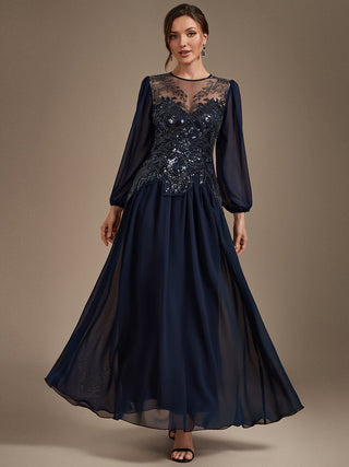 Plus Size Long Sleeve Sequin Chiffon Round Neck A-Line Evening Dresses