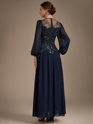 Plus Size Long Sleeve Sequin Chiffon Round Neck A-Line Evening Dresses
