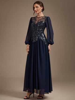 Plus Size Long Sleeve Sequin Chiffon Round Neck A-Line Evening Dresses