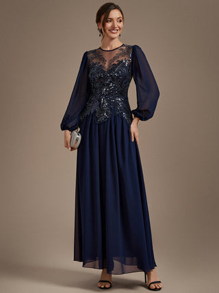 Plus Size Long Sleeve Sequin Chiffon Round Neck A-Line Evening Dresses