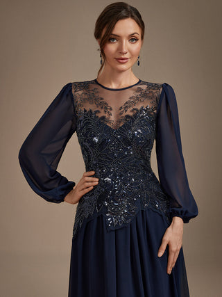Plus Size Long Sleeve Sequin Chiffon Round Neck A-Line Evening Dresses